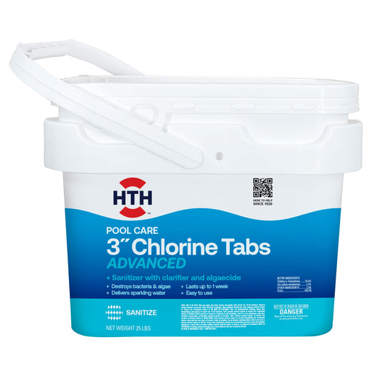 HTH 42055W Pool Care 3" Chlorine Tabs Advanced, Individually Wrapped Tablets - Swimming Pool Sanitizer with Clarifier & Algaecide, Destroys Bacteria & Algae, Delivers Clear Water All Season, 25 lbs