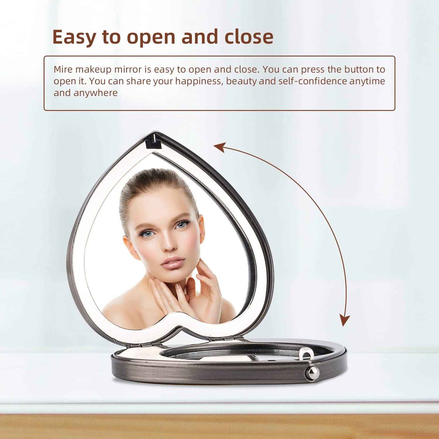 EYIDADAE Mini Vintage Heart Elegant Metall Makeup Mirror, Portable 1X/2X Magnifier (Silver)