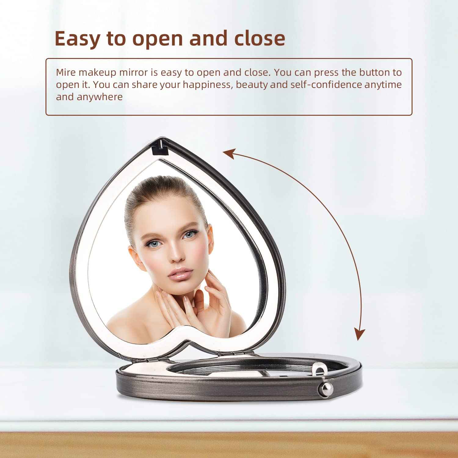 EYIDADAE Mini Vintage Heart Elegant Metall Makeup Mirror, Portable 1X/2X Magnifier (Silver)