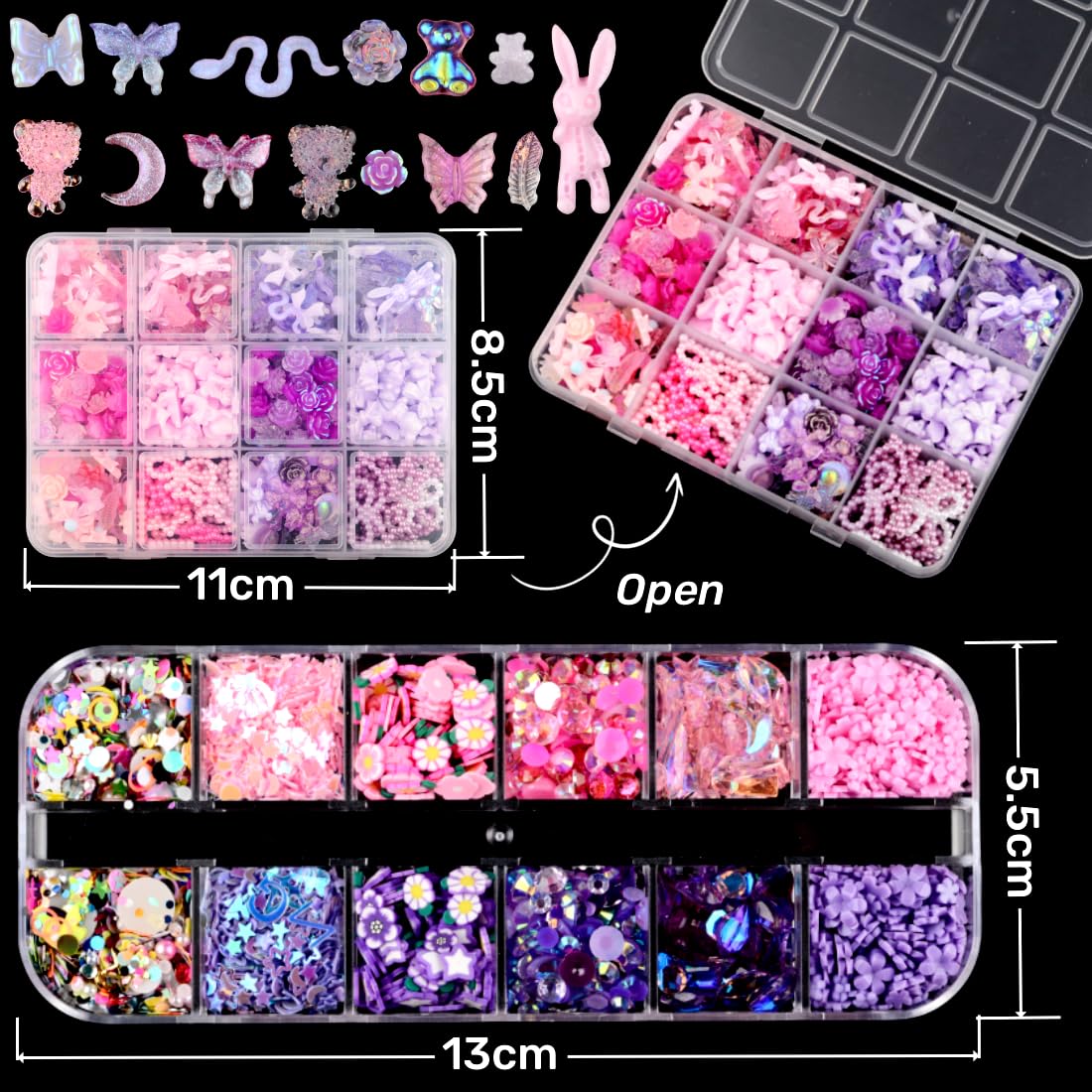 Umillars 460pcs 3D Resin Nail Art Charms with 950pcs Special Shape Nail Flatback Rhinestones Nail Art Slices Acrylic Hollow Beads Nail Art Sequins Mini Flowers for Nail Art Designs Craft