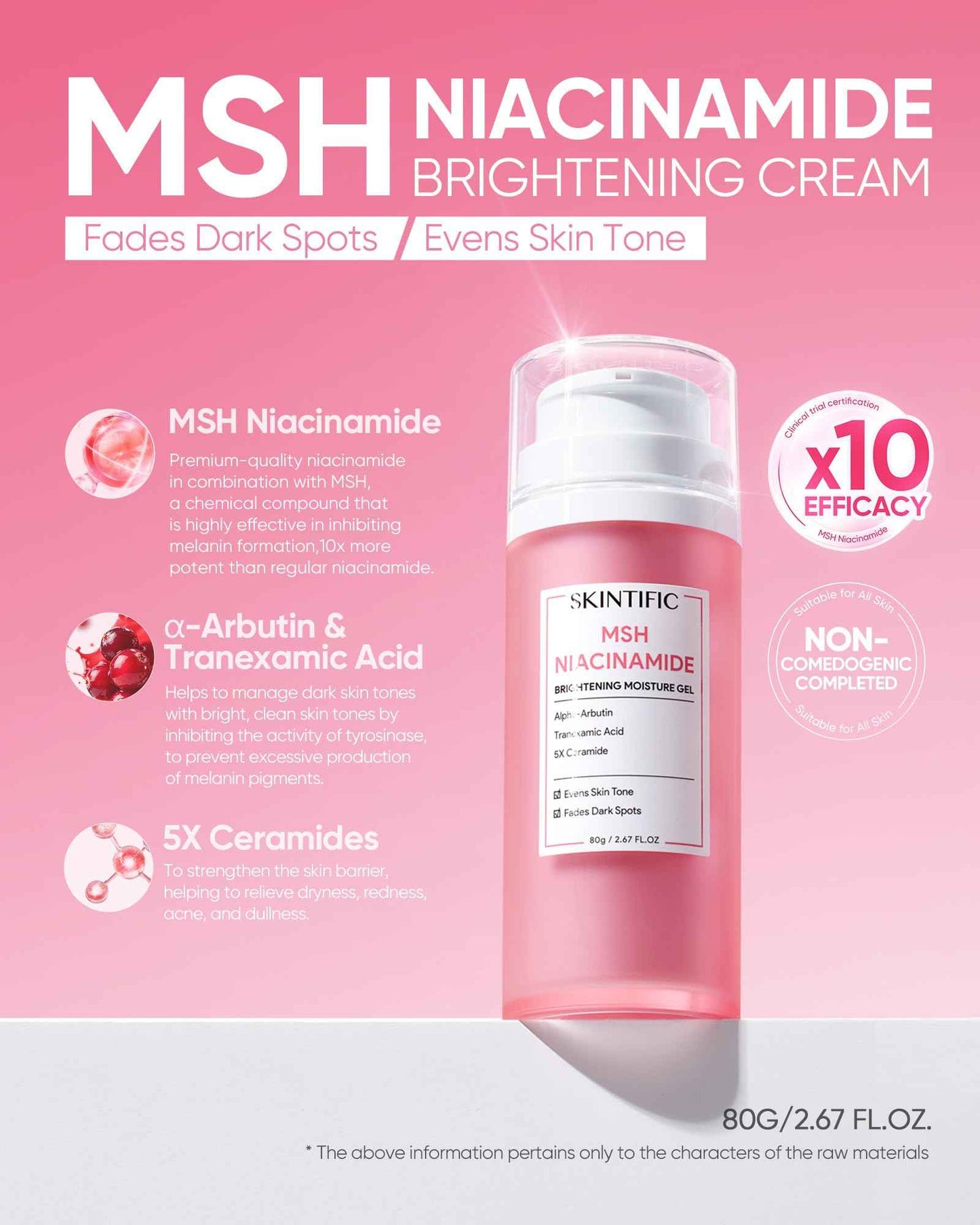 SKINTIFIC MSH Niacinamide Brightening Cream,Fades Dark Spots, Evens Skin Tone, Tranexamic Acid, α-Arbutin, 5X Ceramides, Centella Asiatica, Suitable for Oil skin, 2.67 oz / 80g