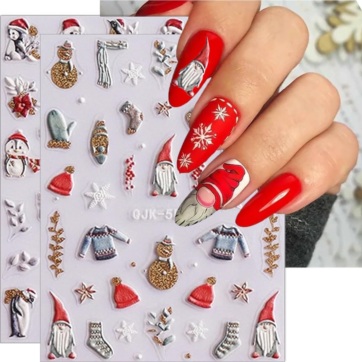 Christmas Nail Art Stickers Decals 5D Embossed Self-Adhesive Nail Art Decals Cute Santa Gnomes Nail Stickers Snowman Xmas Tree Bell Nail Decals for Women New Year Holiday Manicure Decoration 6 Sheets