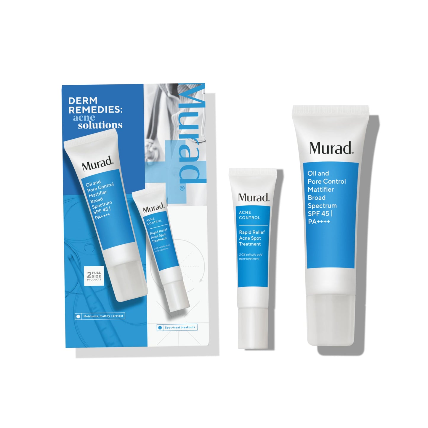 Murad Acne Solutions Value Set - 2-Piece Full Size Set ($75 Value) - Acne Fighting Skincare Set - Oil and Pore Control Mattifier SPF 45 1.7Fl Oz, Rapid Relief Acne Spot Treatment 0.5Fl Oz