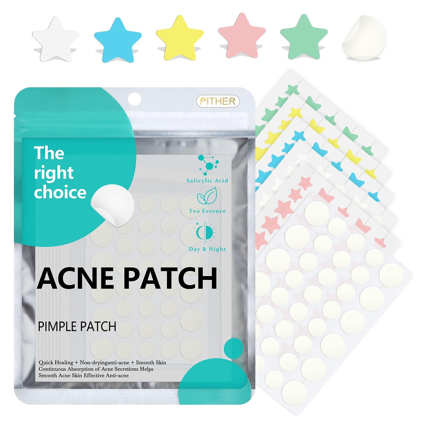 PITHER Pimple Patches for Face, Hydrocolloid Invisible Absorbing Acne Patches Cystic Zit Stickers Cute Star and Round Acne Spot Dots Patch Combination 488 Count, Blemish Cover for Skin Care