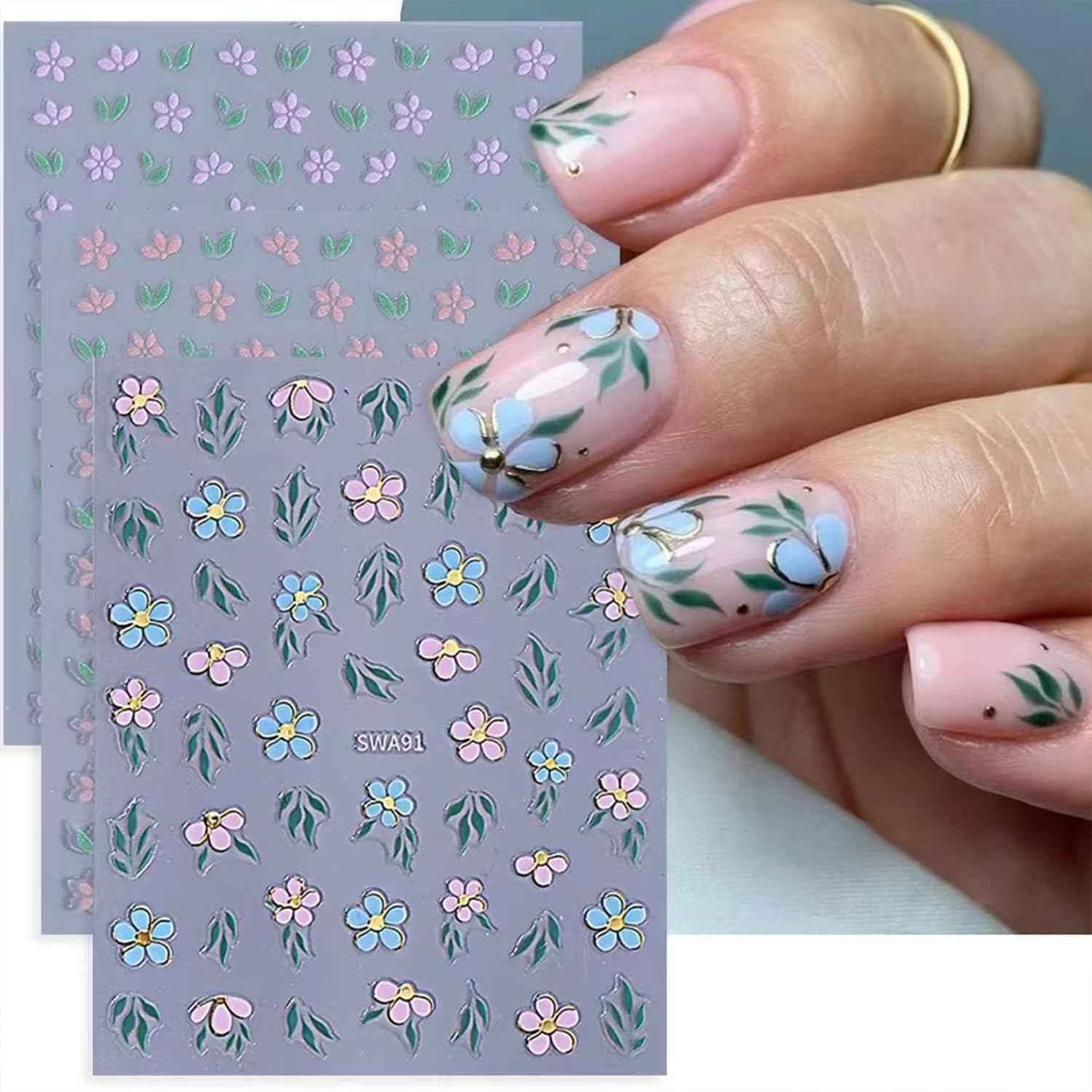 Tyuimhx 8 Sheets Flowers Stickers for Nail Art 3D Gold Silver Purple Pink Blue Green Flower Designs Stickers for Nail Art Supplies Spring Summer Nail Stickers for Women DIY Nail Art Decorations