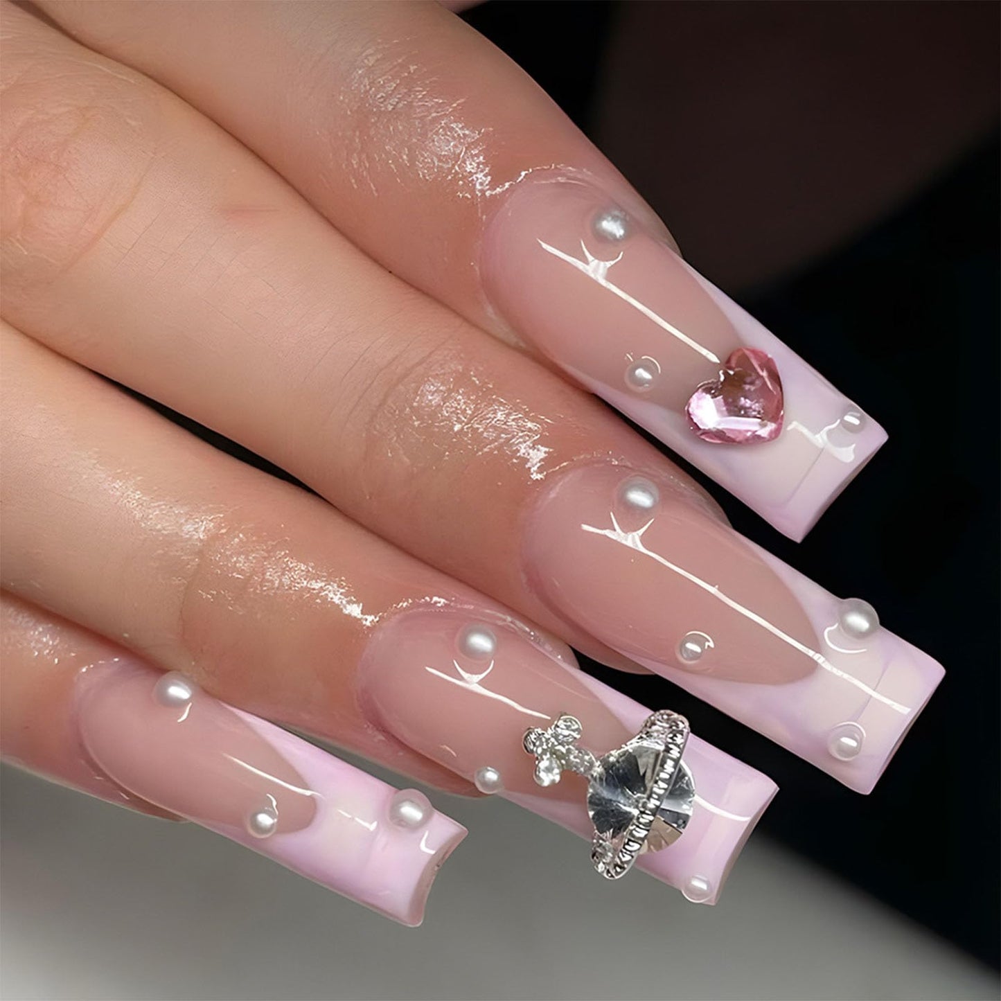 Pink French Tip Press on Nails Long Coffin False Nails Valentines Heart Exquisite Fake Nails Nude Translucent Acrylic Nails Pearls and Big Rhinestones Glue on Nails for Women 24Pcs