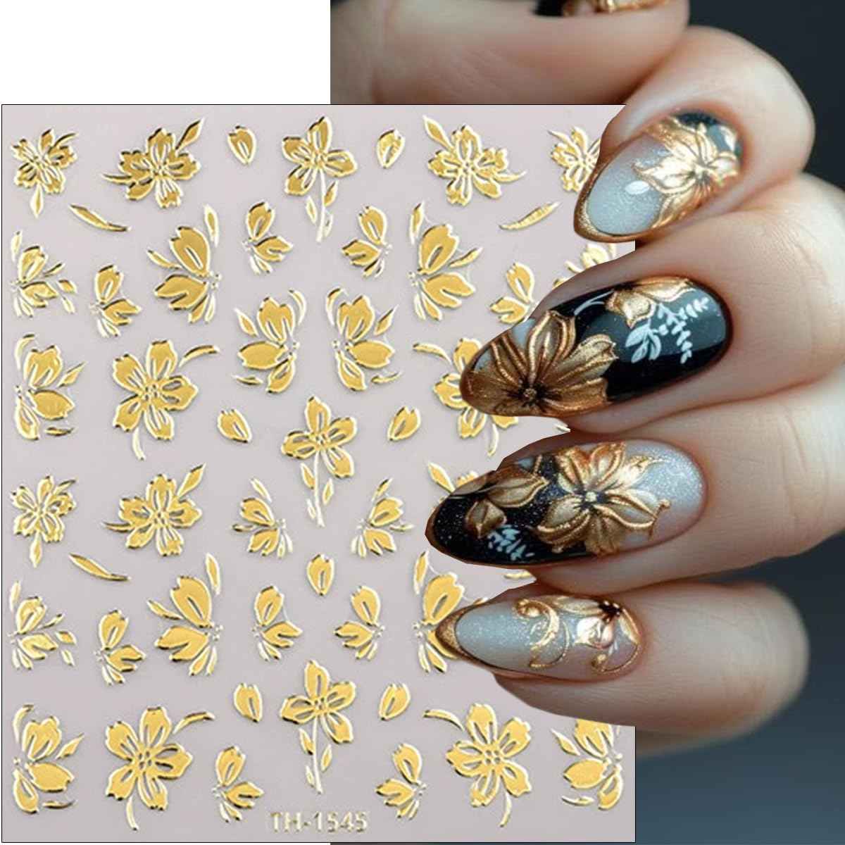 6Pcs Gold Nail Art Stickers 3D Metallic Floral Leaf Nails Decals Gold Cherry Blossom Flower Nail Stickers Butterfly Nails Art Design Supplies for Women Girl Spring DIY Manicure Decoration Accessories