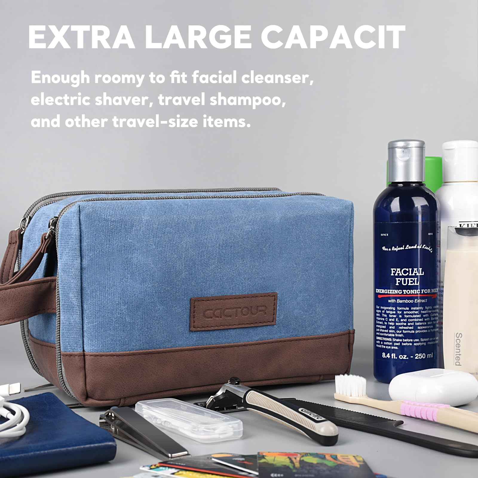 CaCTOUR Toiletry Bag for Men,Large Toiletry Travel Bag,Leather and Canvas Toiletries Bag Dopp Kit Men,Water-resistant Hygiene Bag Shaving Bag for Travel Toiletries Accessories (Blue)