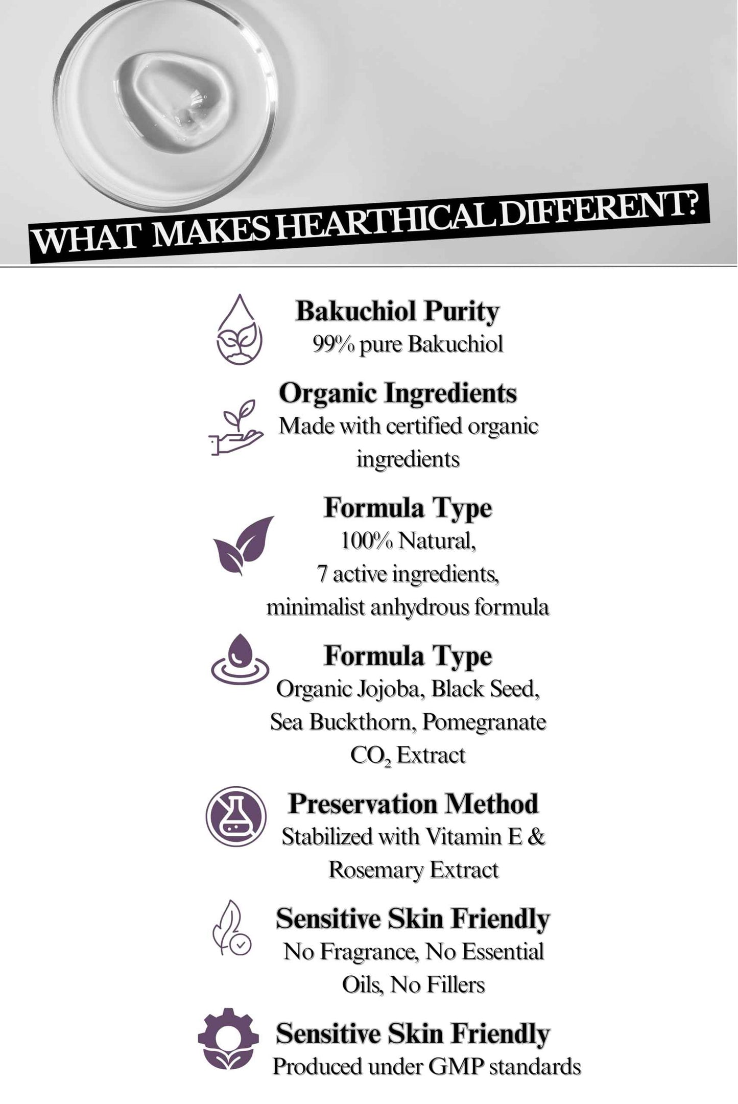 Hearthical Organic Oil-Based Bakuchiol Serum For Face | 1oz Natural Retinol Alternative for Glowing Skin | Brightening Serum For Face | 99% Pure Bakuchiol Oil with Jojoba & Sea Buckthorn | Made In USA