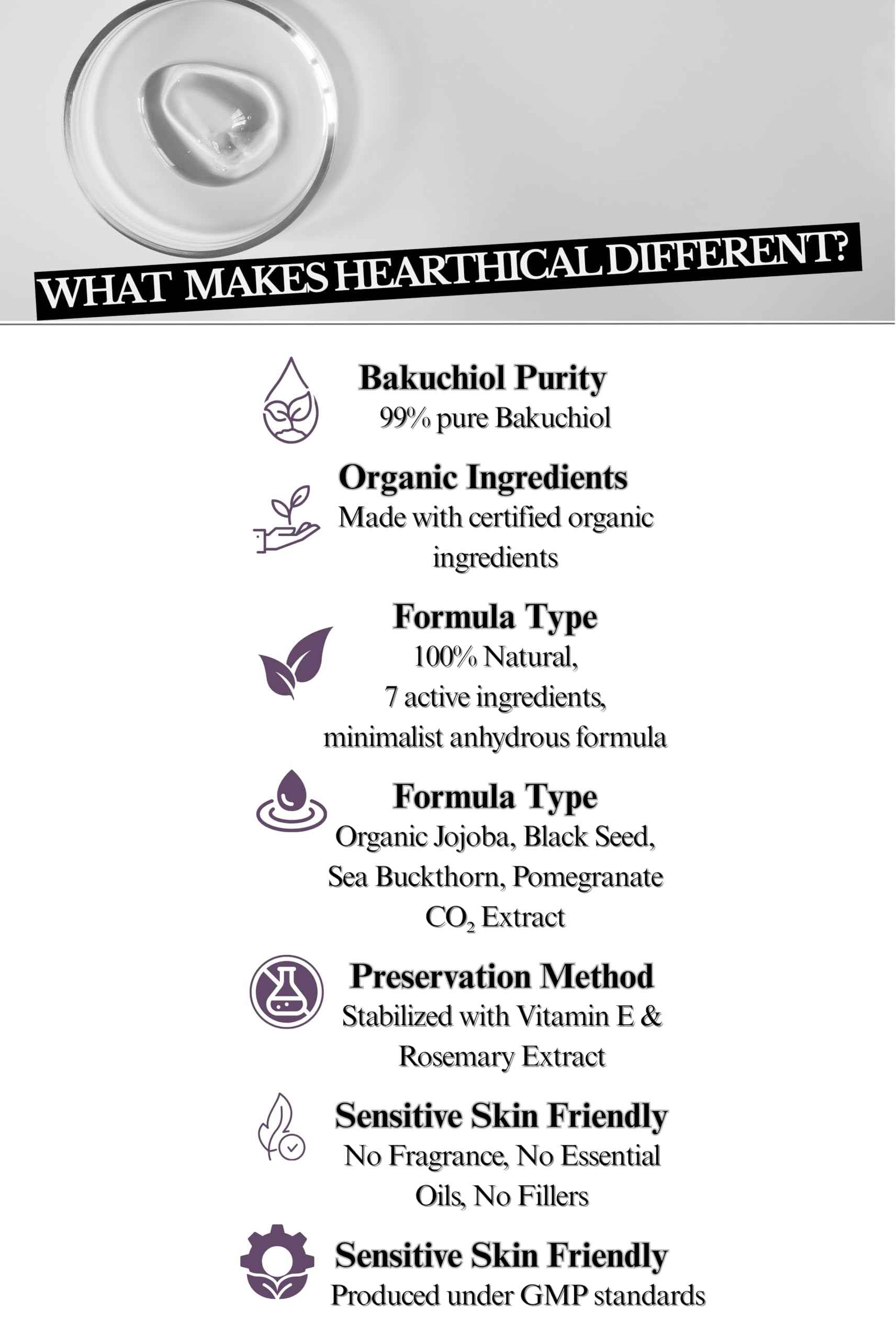 Hearthical Organic Oil-Based Bakuchiol Serum For Face | 1oz Natural Retinol Alternative for Glowing Skin | Brightening Serum For Face | 99% Pure Bakuchiol Oil with Jojoba & Sea Buckthorn | Made In USA