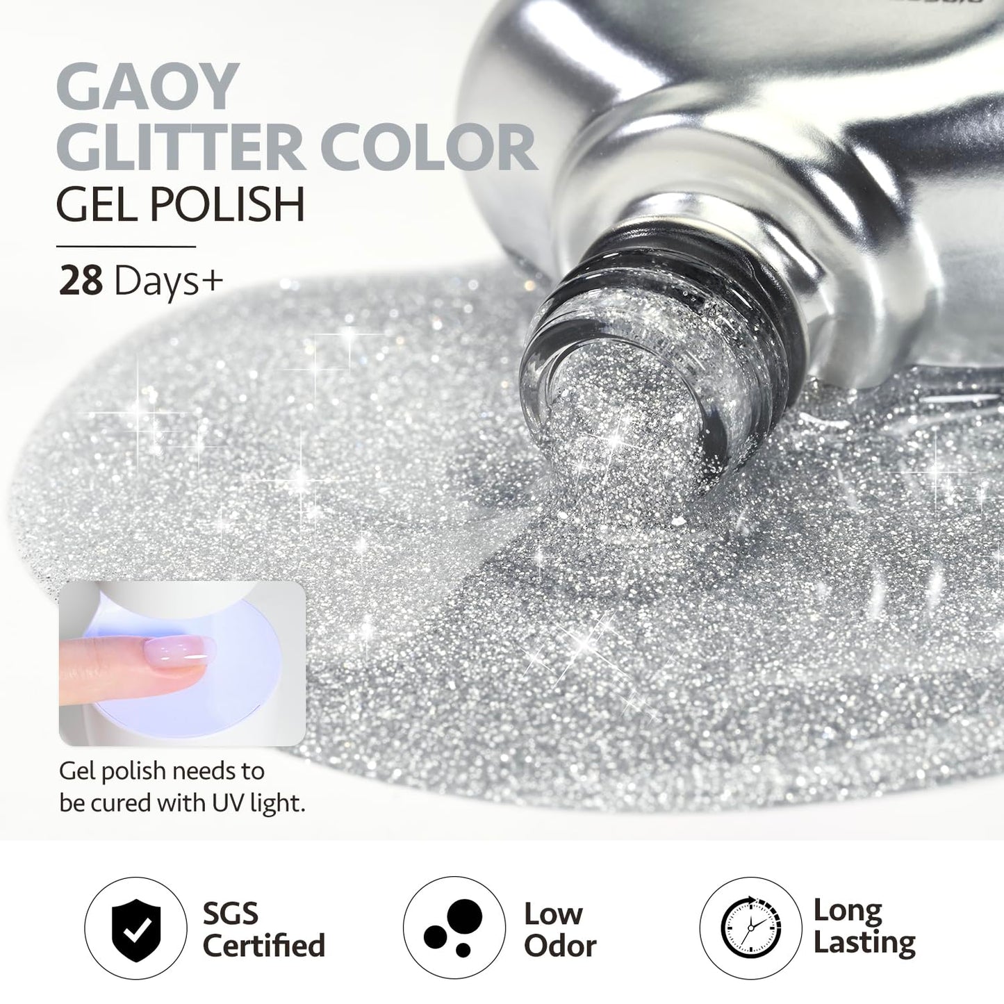 GAOY Glitter Gel Nail Polish, 16ml Silver Sparkly Gel Polish, Diamond Shiny Glitter UV Gel for Nail Art, Soak Off Nail Polish Home DIY Manicure, 1185