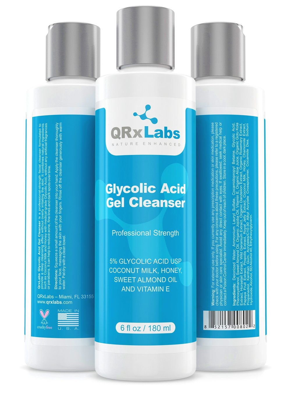 QRxLabs Glycolic Acid Face Wash - Exfoliating Gel Cleanser, Best for Wrinkles, Lines, Acne, Spots & Chemical Peel Prep - Reduces Shaving Bumps and Ingrown Hair - 6 fl oz