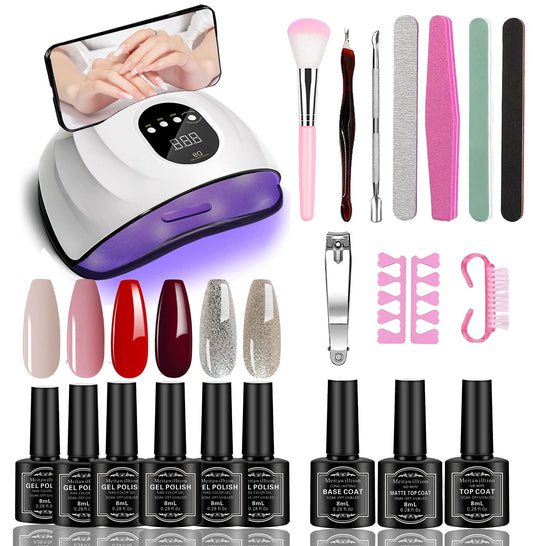 Meitawilltion Pink Burgundy Red Bling Gel Nail Polish Kit with 114W LED Nail Lamp Dryer Summer Fall Colors Gel Polish Starter Kit White Manicure Set Soak off Gel Polish Skin Tone Set Gifts for Women