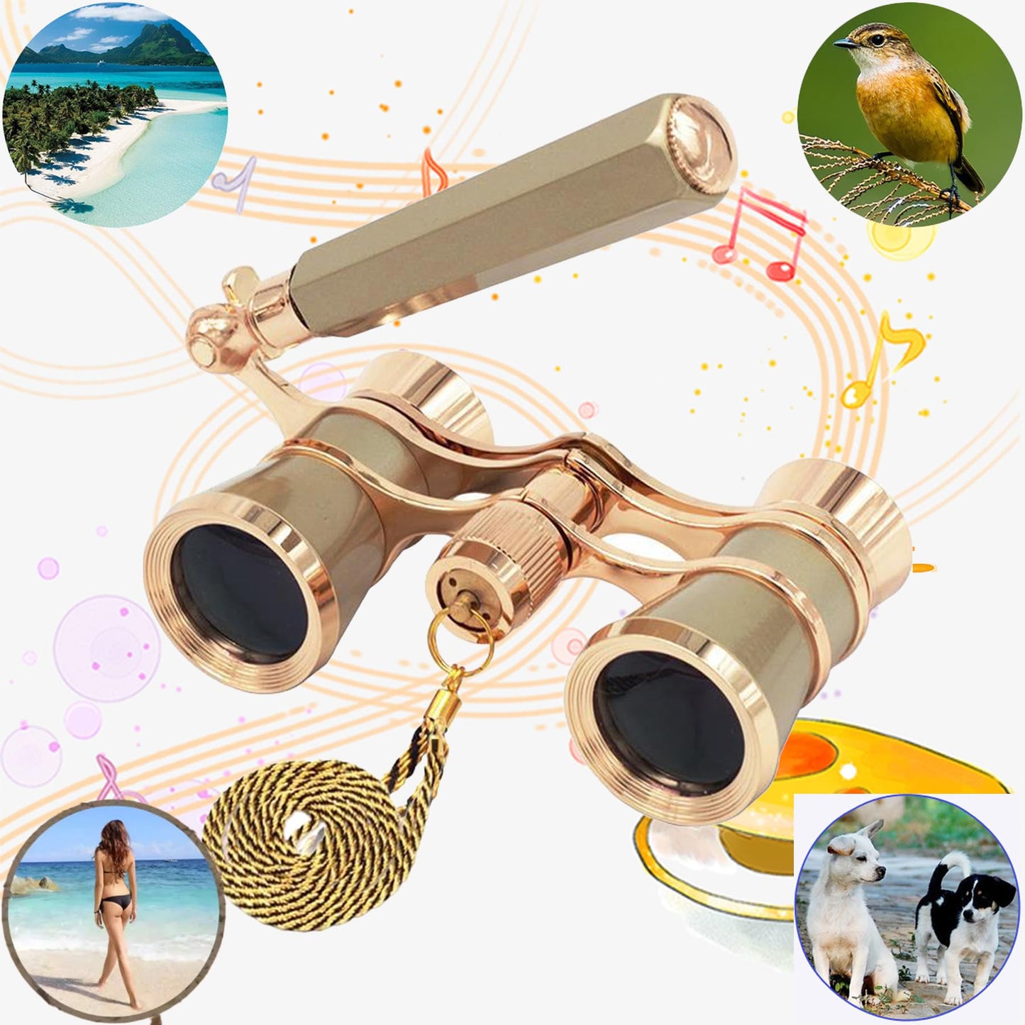 Yourelexit® Opera Glasses Binoculars Lorgnette Theater Optical Glasses Mini Compact Lightweight Built-in Foldable Adjustable Handle with Neck Chain Vintage Adults Kids Women in Musical Concert Cinema