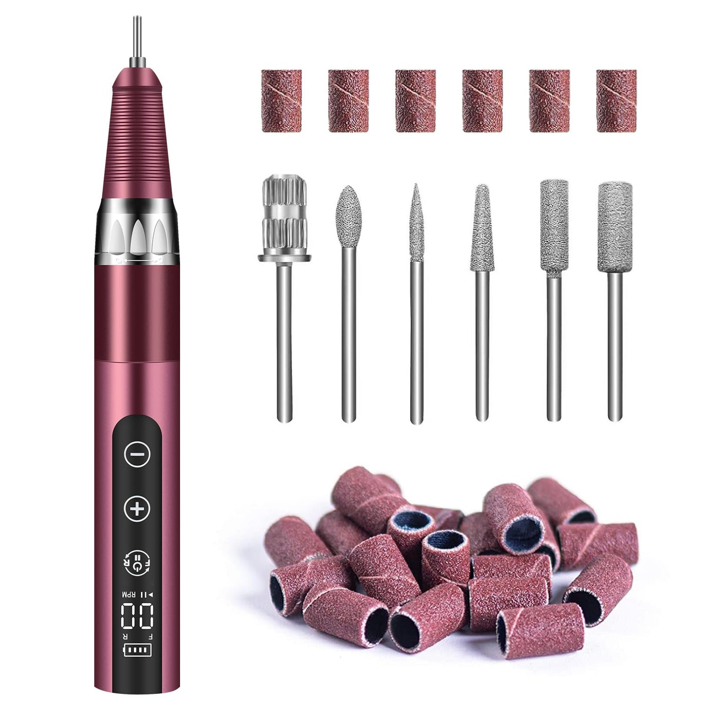 Electric Nail Drill File, Portable Rechargeable Electric File Nail Drill Machine Kit Manicure Pedicure Tools Polishing Set with Nail Drill Bits Sanding Bands (Red)