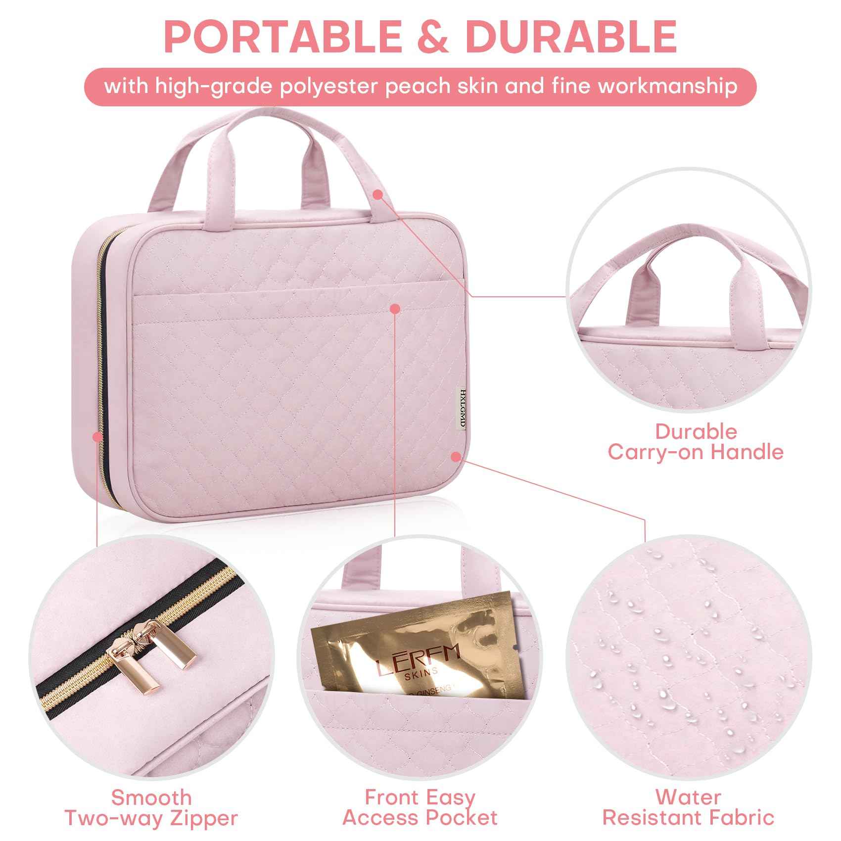 HXLGMD Travel Size Toiletry Bag for Women, Portable Cosmetic Bag with Hanging Hook, Travel Essentials Water-resistant Makeup Organizer for Accessories, Shampoo, Full-size Container, Toiletries