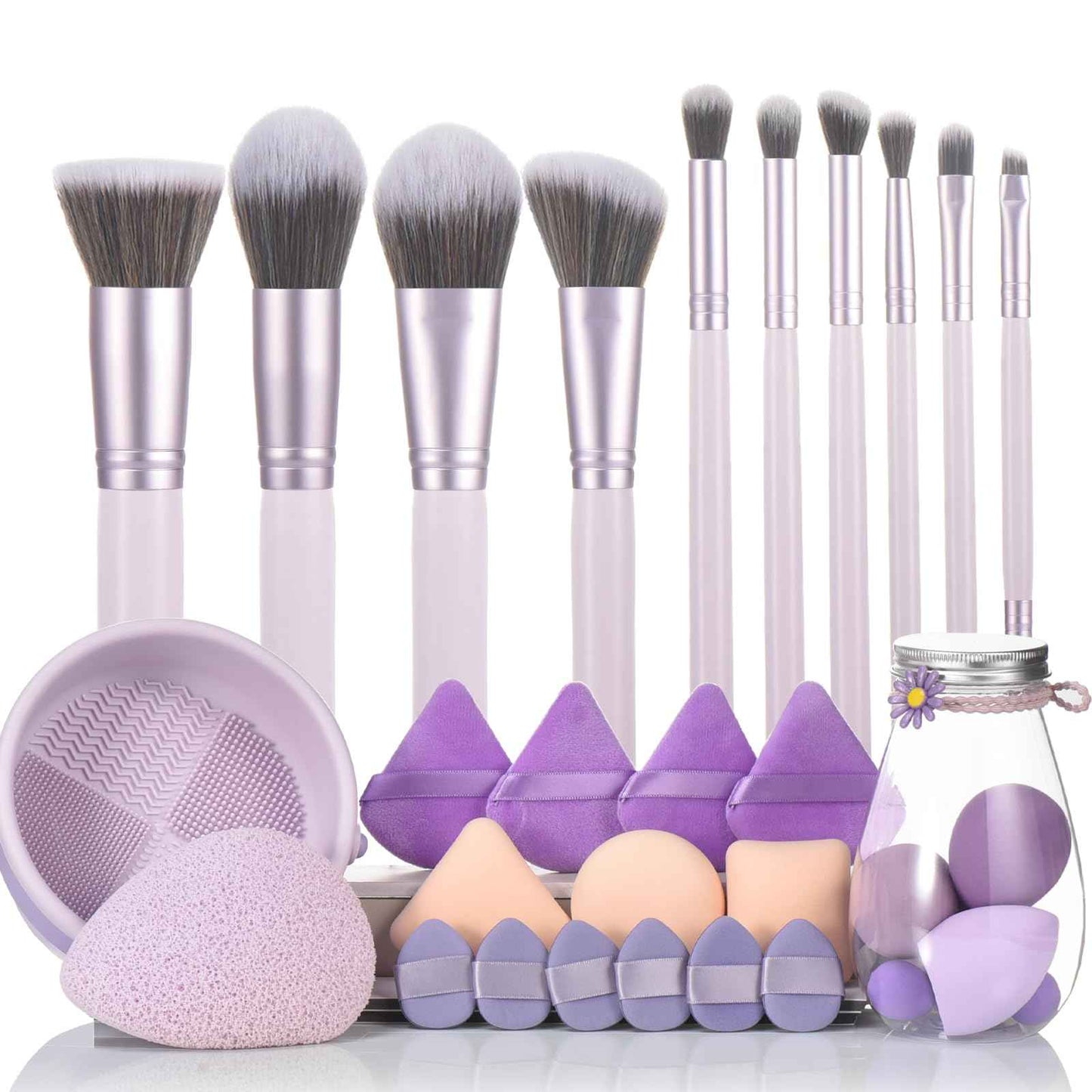 31pcs Makeup Brushes Purple And Makeup Sponges And With Tools Combination Wooden Make up Brushes For Girls Silicone Makeup Brush Cleaner Bowl Professional Makeup Brush Sets For Women(Purple 31pcs)