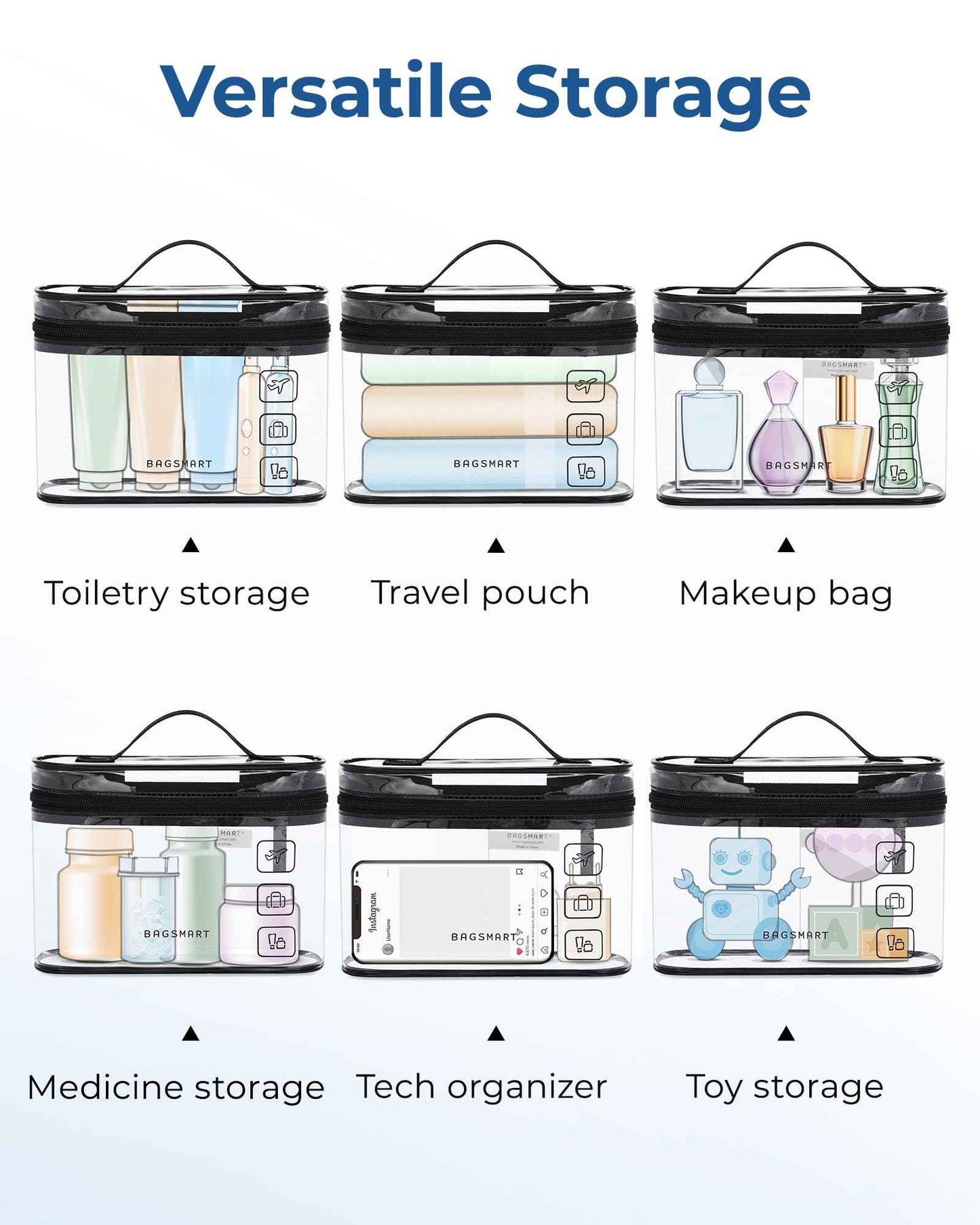 BAGSMART TSA Approved Toiletry Bag, 3 Pack Clear Makeup Cosmetic Bag Organizer, Quart Size Travel Bag for Toiletries, Carry-on Travel Accessories Essentials, Black-3pcs