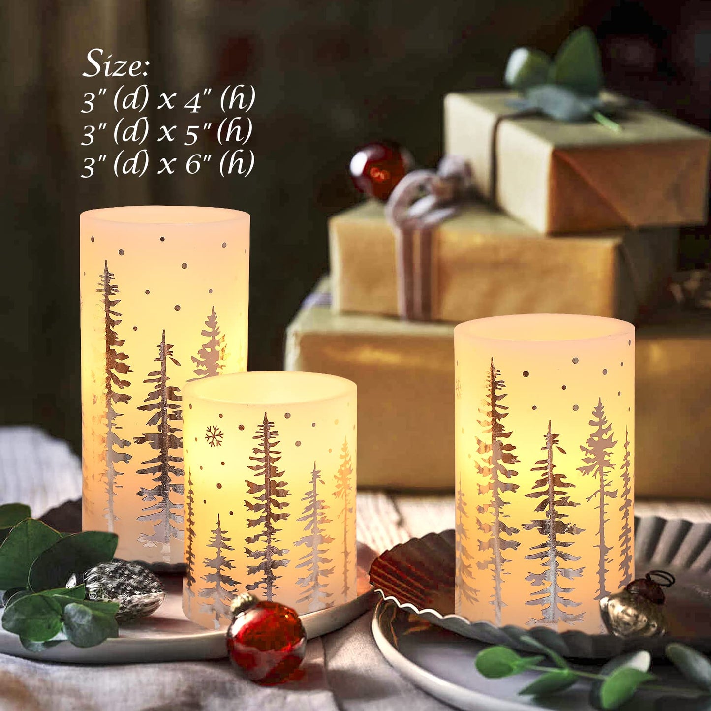 REVELBUNNY Christmas Tree LED Candles Battery Operated Flickering Flameless Candles with Remote Timer, Real Wax Pillar Candles for Birthday Home Holiday Decoration Christmas Gifts, Set of 3