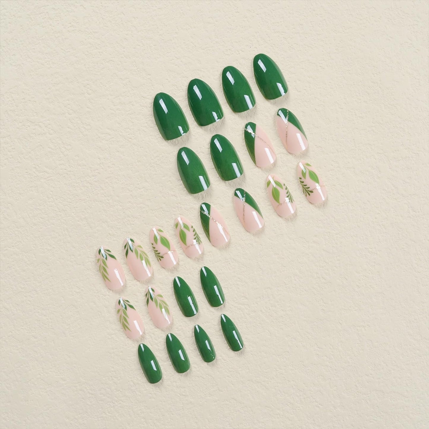 SINHOT Green Press on Nails Medium Almond Fake Nails Green Leaves Nails Glossy Glue on Nails Stiletto Acrylic Nails Gold Glitter Line Arificial Nails Stick on False Nails with Design 24 pcs