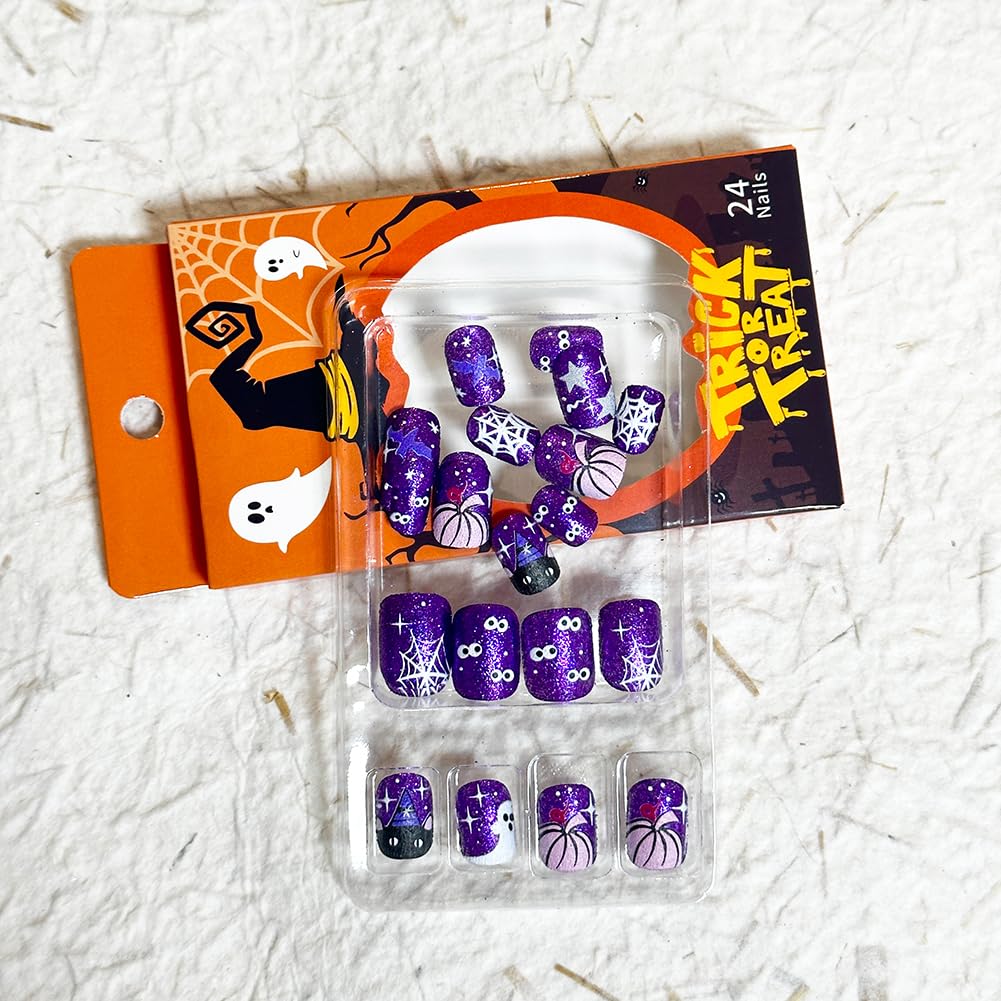 Halloween Nails-Halloween Press on Nails Square Shape False Nails with Designs Halloween Short Square Skeleton Glue on Nails for Women, 24Pcs