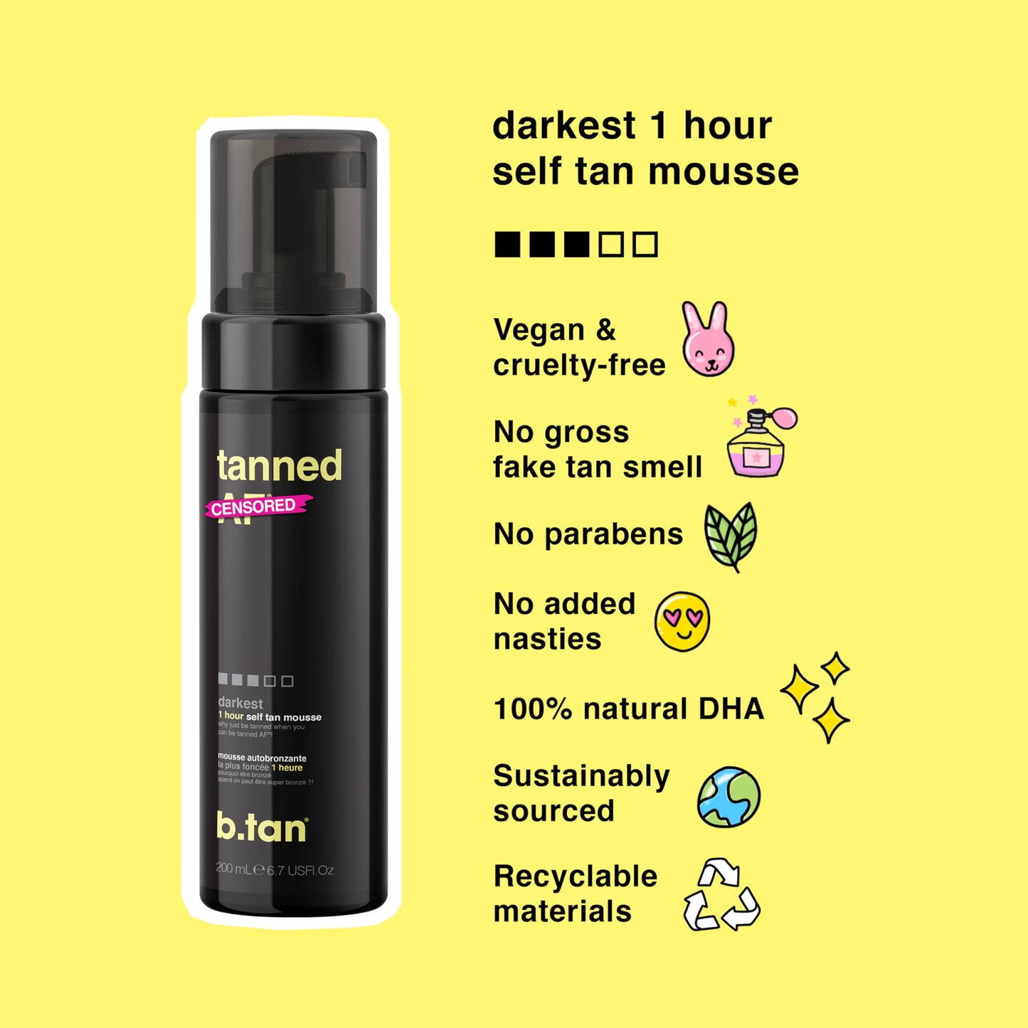 b.tan Dark Self Tanner | Get Tanned - Fast, 1 Hour Express Sunless Tanning Mousse, No Fake Tan Smell, No Added Nasties, Vegan, Cruelty Free, 6.7 Fl Oz