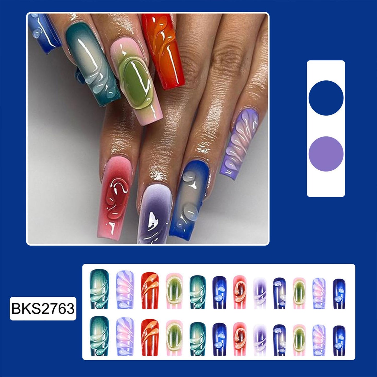 Mdscve Press on Nails Long Square Fake Nails Glossy Glue on Nails Colorful Acrylic Nails Ballerina Artificial Nails Stick on False Nails with Design Nails Press Ons 24pcs