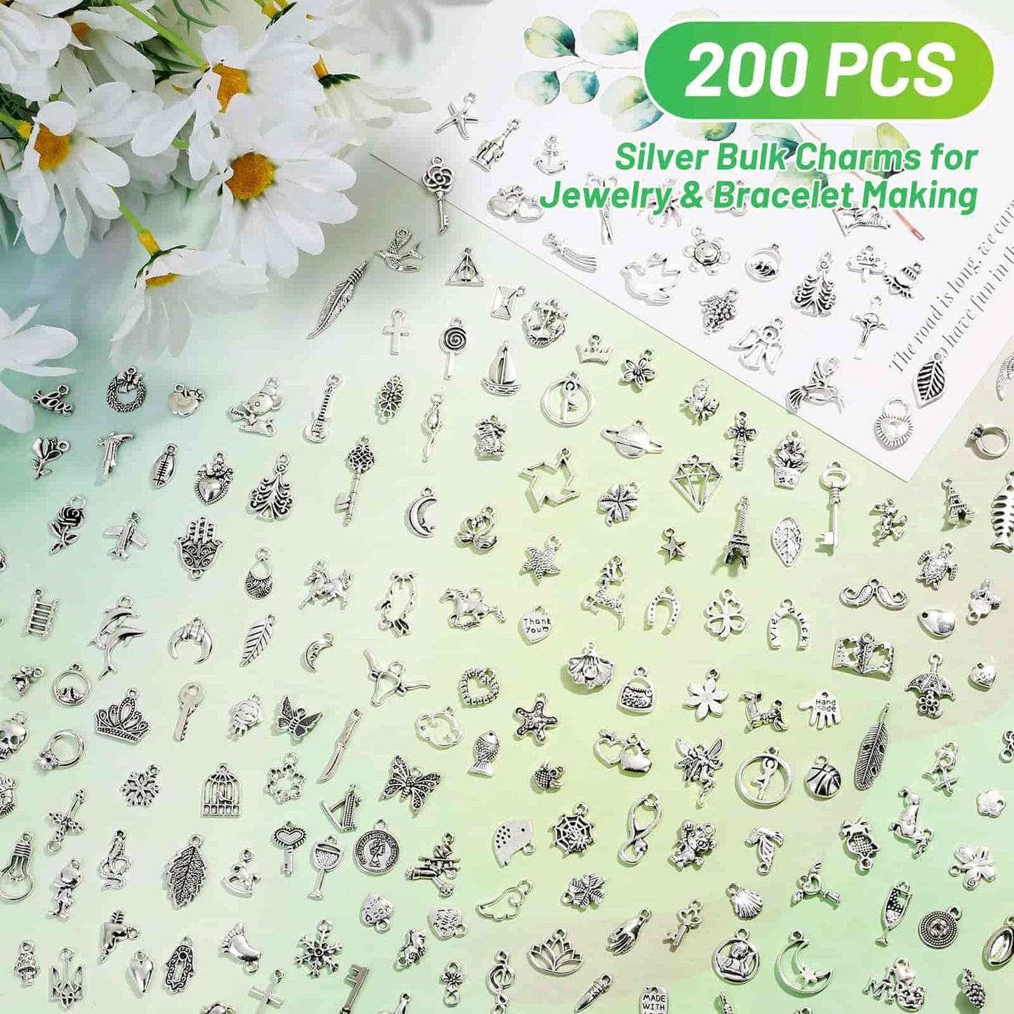 Acejoz 200Pcs Silver Charms for Jewelry Making and Bracelets, Wholesale Bulk Assorted Jewelry Making Charms Mixed Tibetan Earring Charms for DIY Necklace Bracelet Jewelry Making and Crafting