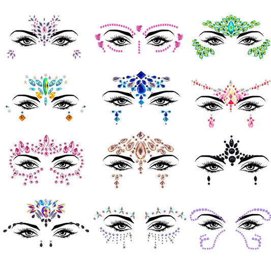 12 Sets Face Jewels Mermaid Rhinestones Stick on Temporary Tattoos Body Jewel Crystal Stickers Face Gems for Rave Festival Race Carnival Party