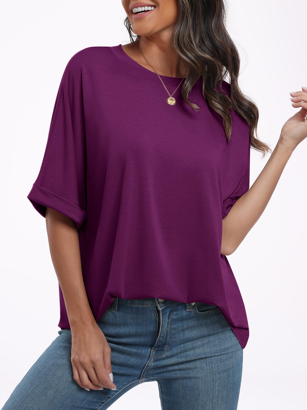 ANRABESS Women's Oversized T Shirts Short Sleeve Crewneck Summer Tops Casual Loose Basic Tee Shirts 2024 Trendy Clothes Purple Small