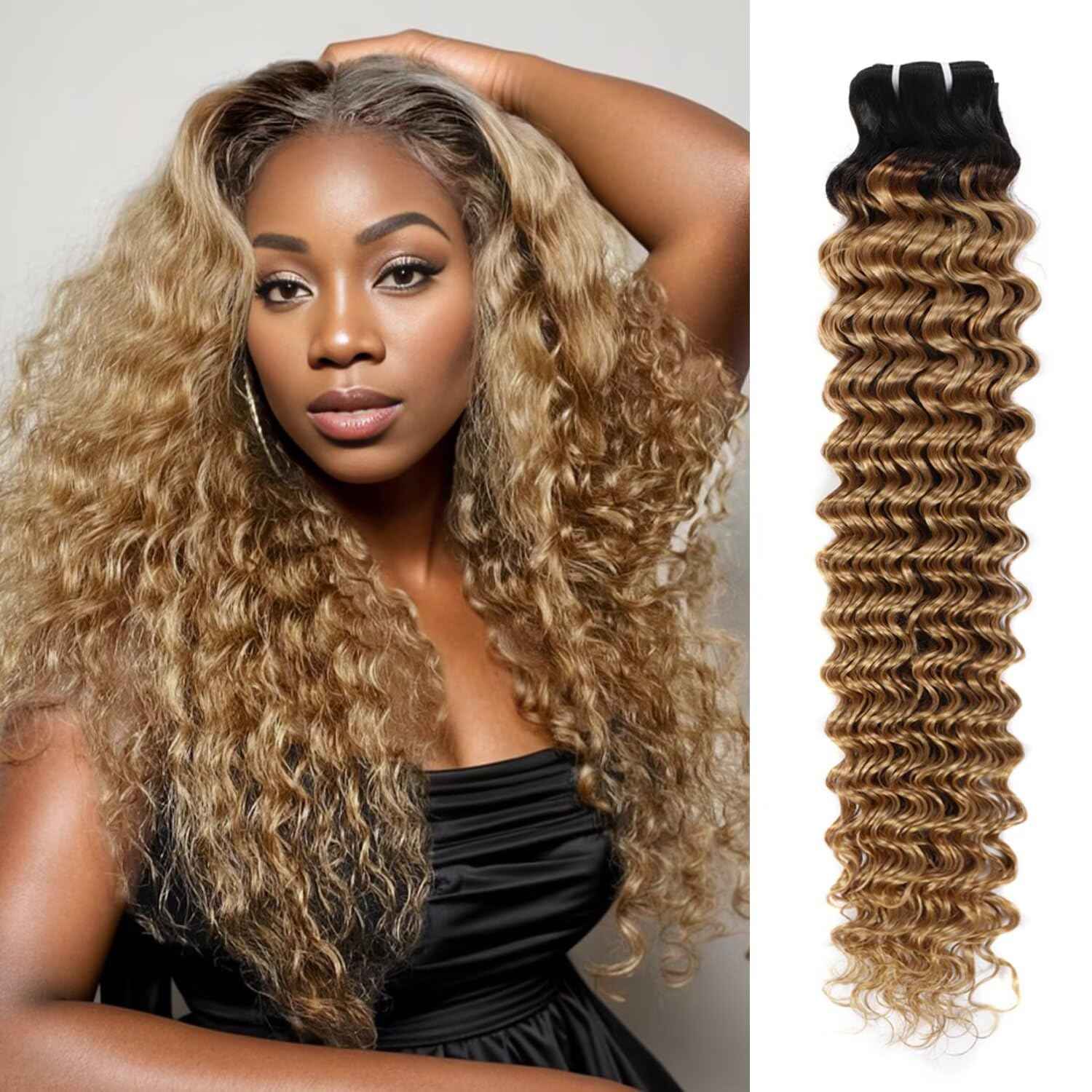 T1B/27 12A Human Hair Bundles 16 Inch Deep Wave Bundles Human Hair 100% Unprocessed Brazilian Virgin Deep Curly Weave 1 Bundle Water Wavy Hair Extensions Honey Blonde Bundle for Women