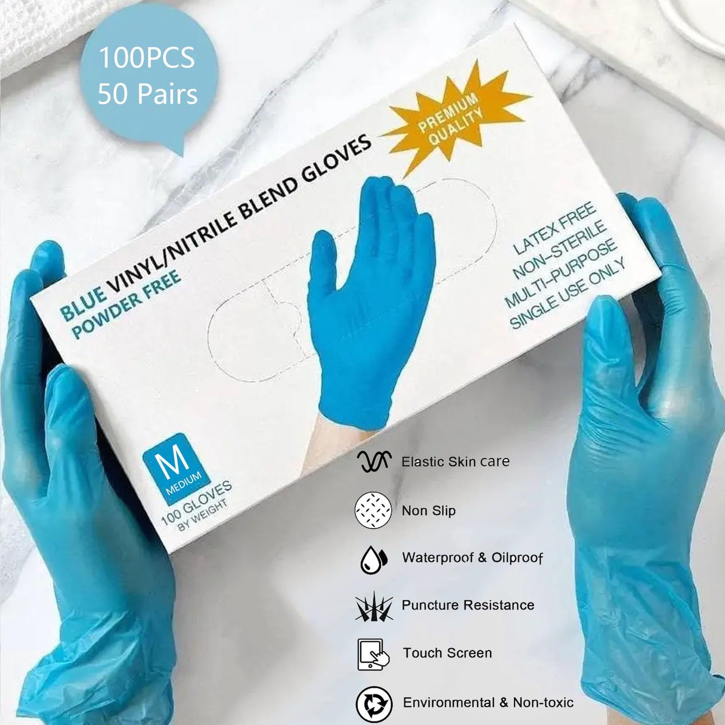 GoLashFun Disposable Nail Gloves M,100PCS Blue Non-latex Disposable Nitrile Gloves Powder Free Medium Gloves for Nail Art Tools,Nails Salon Accessories Supply