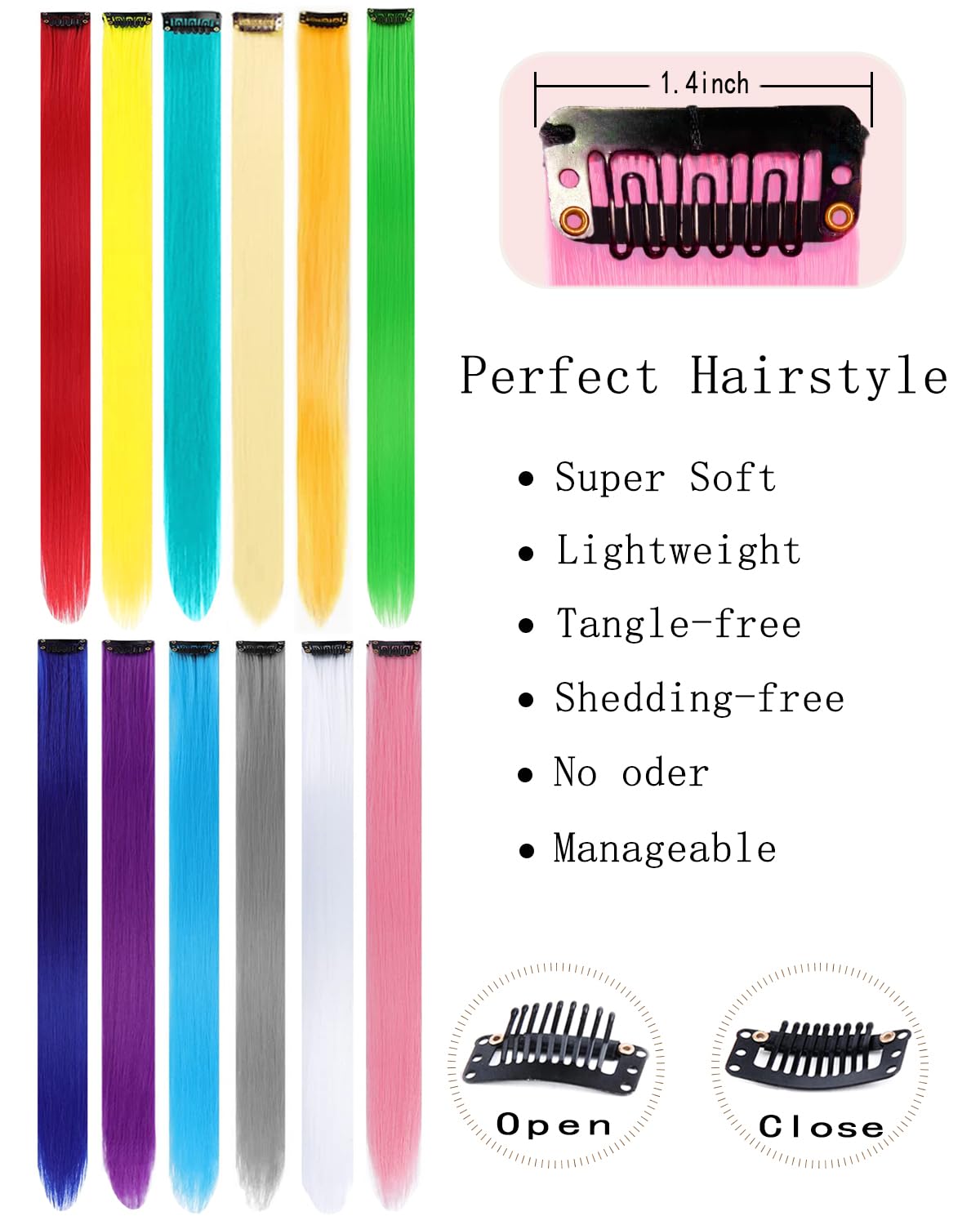 FARRUIS 22 Inch Colored Hair extension 12 Pcs Rainbow Clip in Hair Extension for Women Girls Kids Synthetic Highlight Hair Piece for Party Halloween