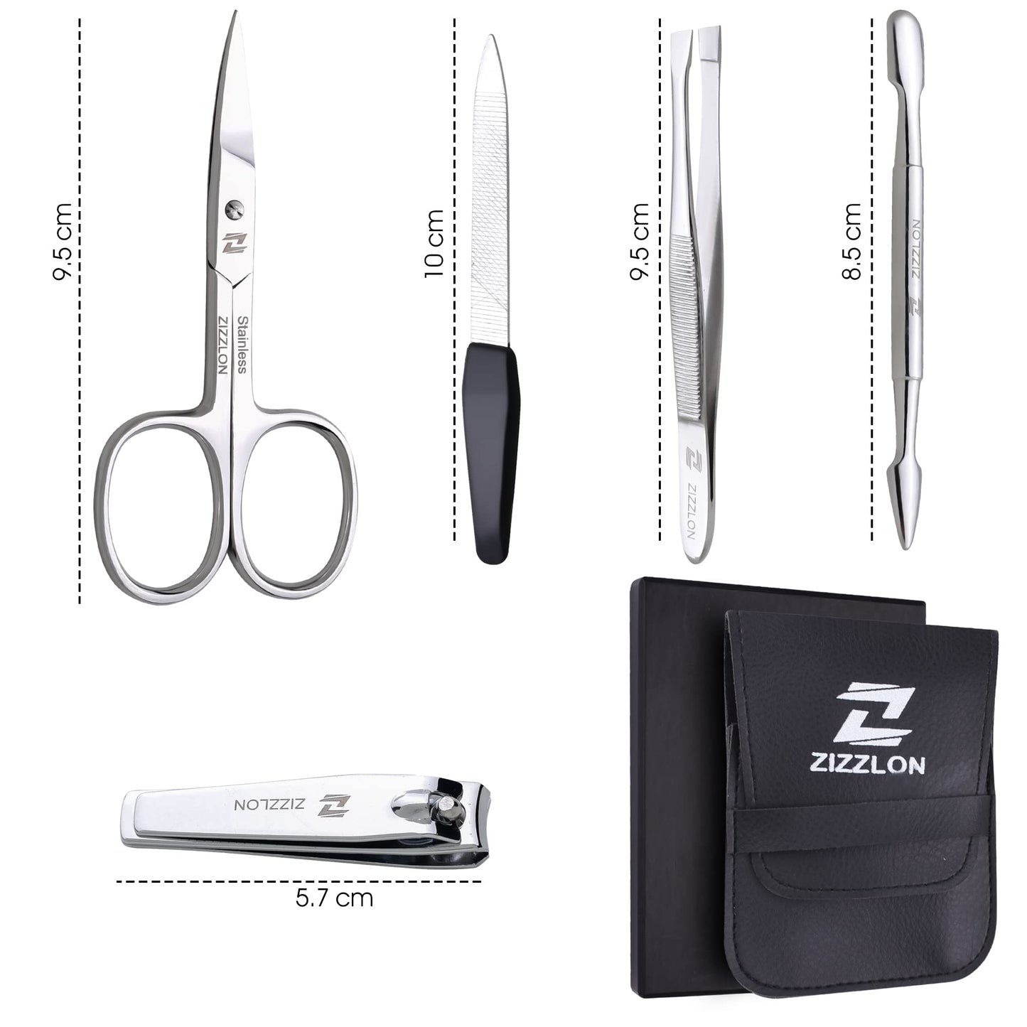 ZIZZLON Manicure Set - Cuticle Scissors, Nail and Eyebrow Scissors, Nail Clippers, Cuticle Pusher, Nail File, Eyebrow Tweezers - Professional Mens Grooming Kit (5 in 1)