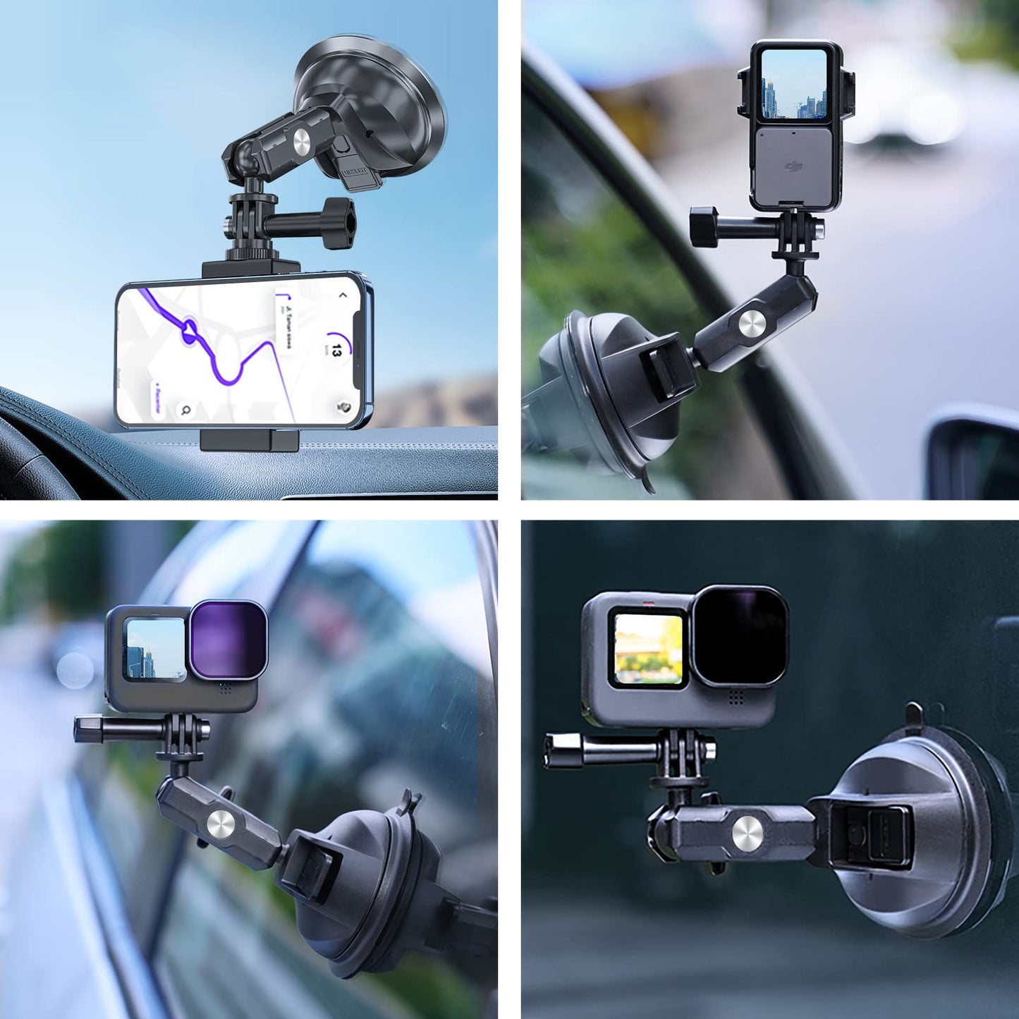 TELESIN Suction Cup Car Mount with Phone Holder, Windshield Window Dashboard Boats Vehicle Attach for GoPro Max Mini Hero 12 11 10 9 8 7 6 5 Insta360 X3 GO 3 Ace Pro DJI Action 4 Pocket 3 Accessories