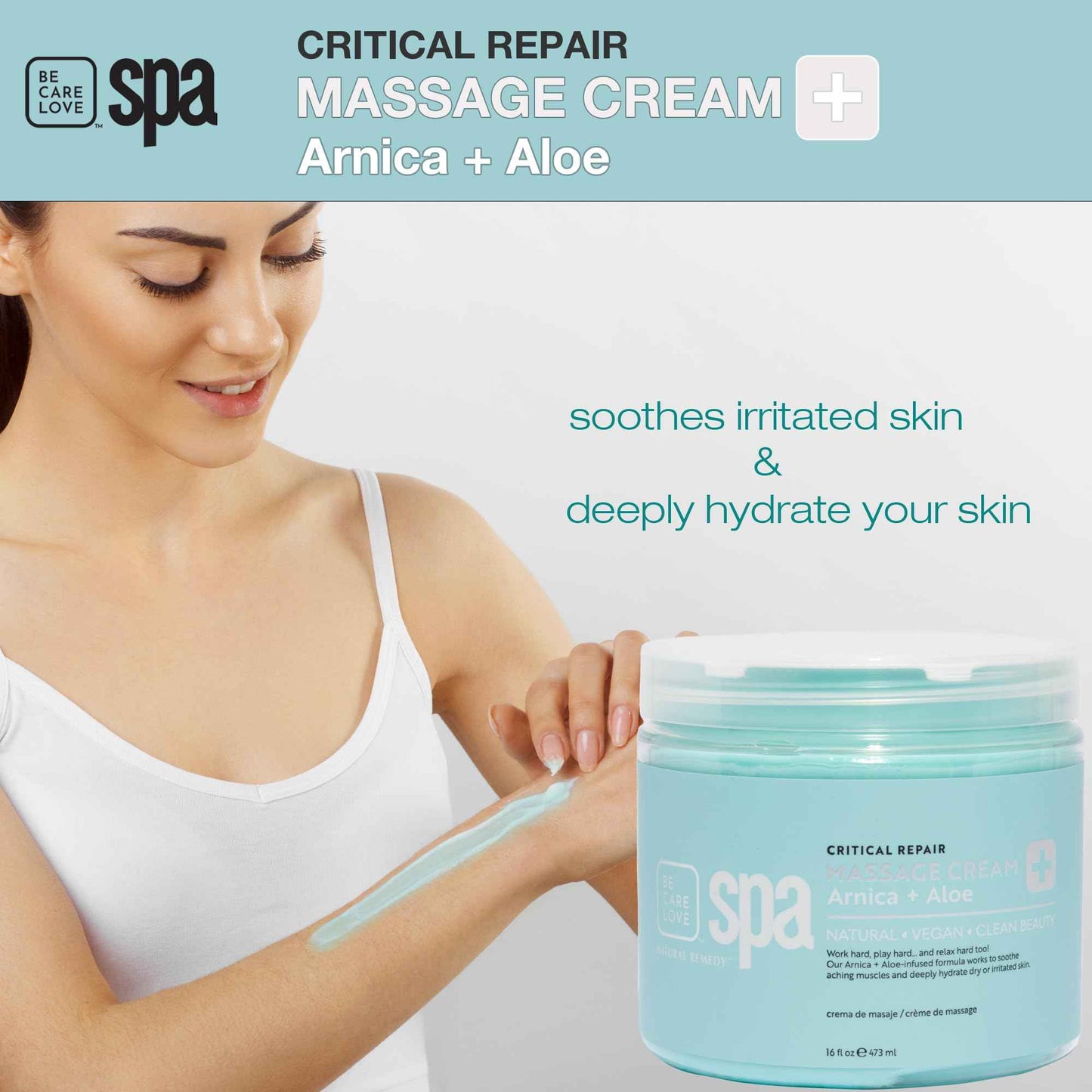BCL Spa Critical Repair Massage Cream with Arnica, Aloe Vera, Kelp, Argan Oil, Shea Butter | Soothing Relief and deep Skin Nourishment Body Moisturizer, Vegan, Organic | Made in USA | 16 fl oz