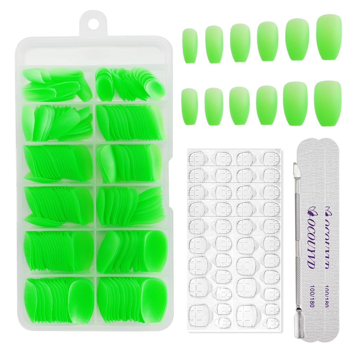 240 Pcs Green Glow in The Dark Press on Nails Medium Coffin Shape Artificial Kit Solid Color Fake Nails with Fluorescent Designs Matte Glue on Nails Gloss Stick on Nails for Women Girls Nail Supplies