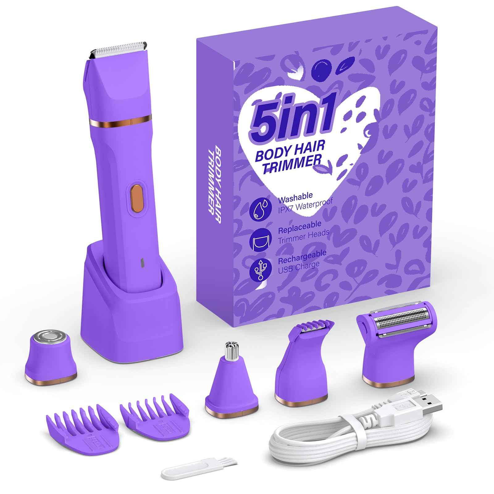 HOHOLE 5-in-1 Bikini Trimmer for Women, IPX7 Waterproof Electric Razors Shaver, Cordless Body Hair Trimmer, Facial & Pubic Hair Removal, Ceramic Blade (Light Purple)