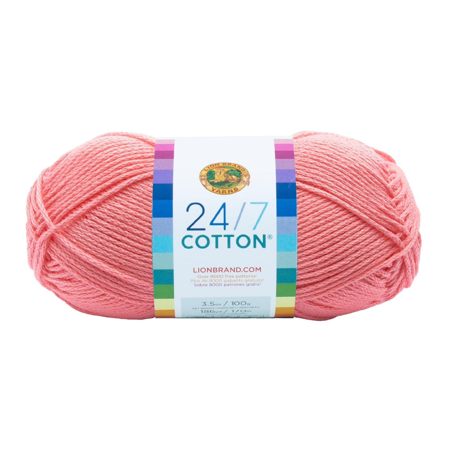 Lion Brand 24/7 Cotton Yarn, Lightweight Yarn for Knitting, Crocheting, and Crafts, Pink, 1 Pack