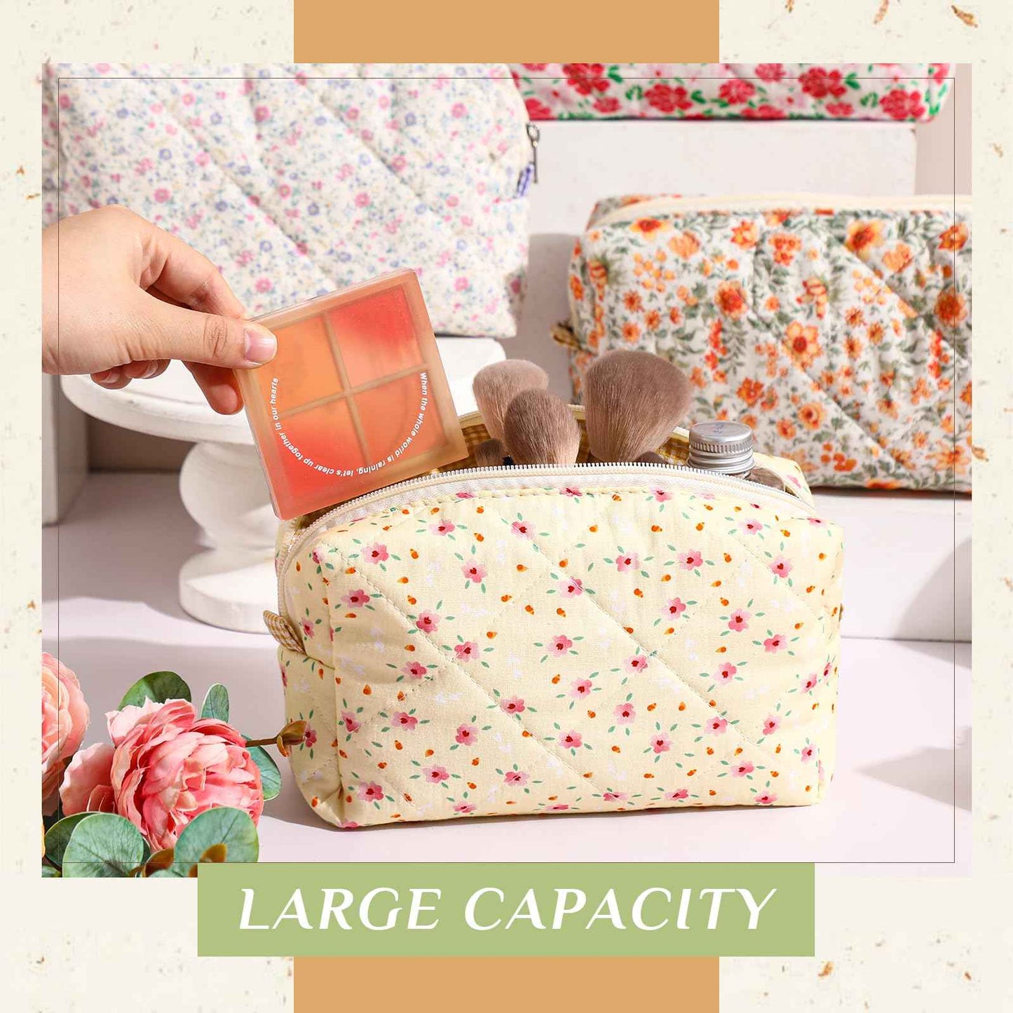 Paterr 10 Pcs Cotton Quilted Makeup Bag Bulk Cute Cosmetic Bag for Women Floral Gingham Coquette Aesthetic Travel Toiletry Pouch Bags Bridesmaid Gifts(Classic Style,7.87 x 4.72 x 3.15 Inches)