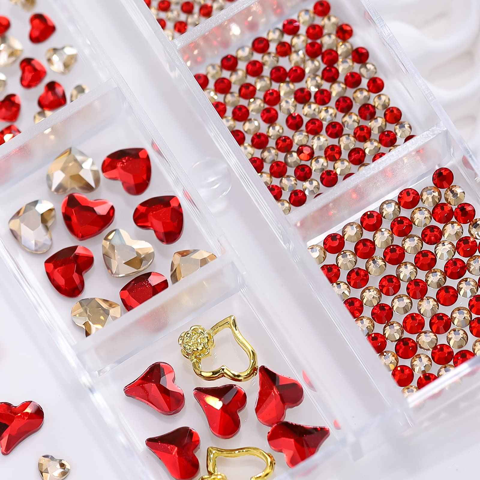767pcs Red Heart Nail Art Charms Love Gems Glitter Valentines Decoration 3D Red Gold Round Beads Flatback Diamonds Design Rose Nail Studs Jewel Craft Clothes Shoes Supplies for Women