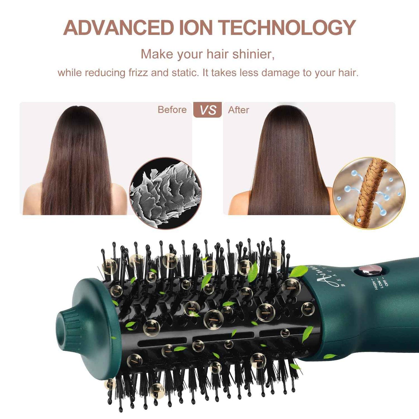 Aima Beauty Hair Dryer Brush Dual Voltage Worldwide Travel Blow Dryer Brush Hot Air Brush Oval Barrel 110-120V/220-240V 360°Airflow,Negative Ionic Frizz-Free Dry/Straightening/Voluming, Dark Green
