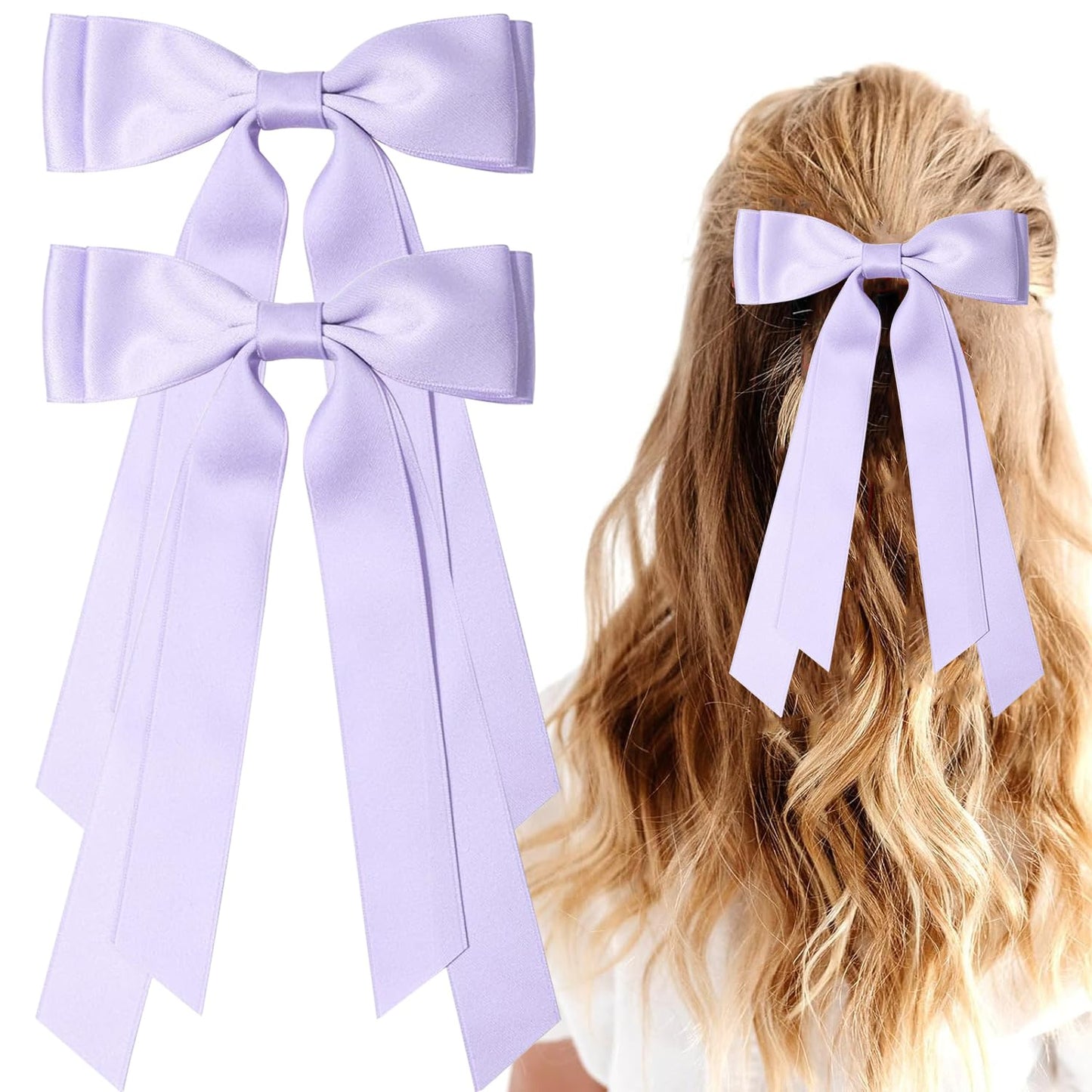 2PCS Silky Satin Hair Bows Ribbon Hair Clips, Fall Alligator Hair Pins, Ponytail Holder Accessories Sides Metal Hair Bow Barrettes Hair Accessories for Women Girls Kids (Purple)