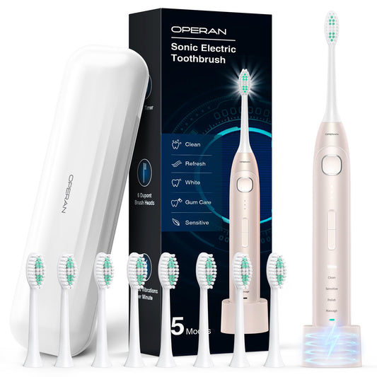 Operan Electric Toothbrush for Adults and Kids Rechargeable Sonic Toothbrush with 5 Modes 2-Min Smart Timer IPX7 Waterproof 40,000 VPM Motor with 8 Brush Heads & Travel Case (Champagne)