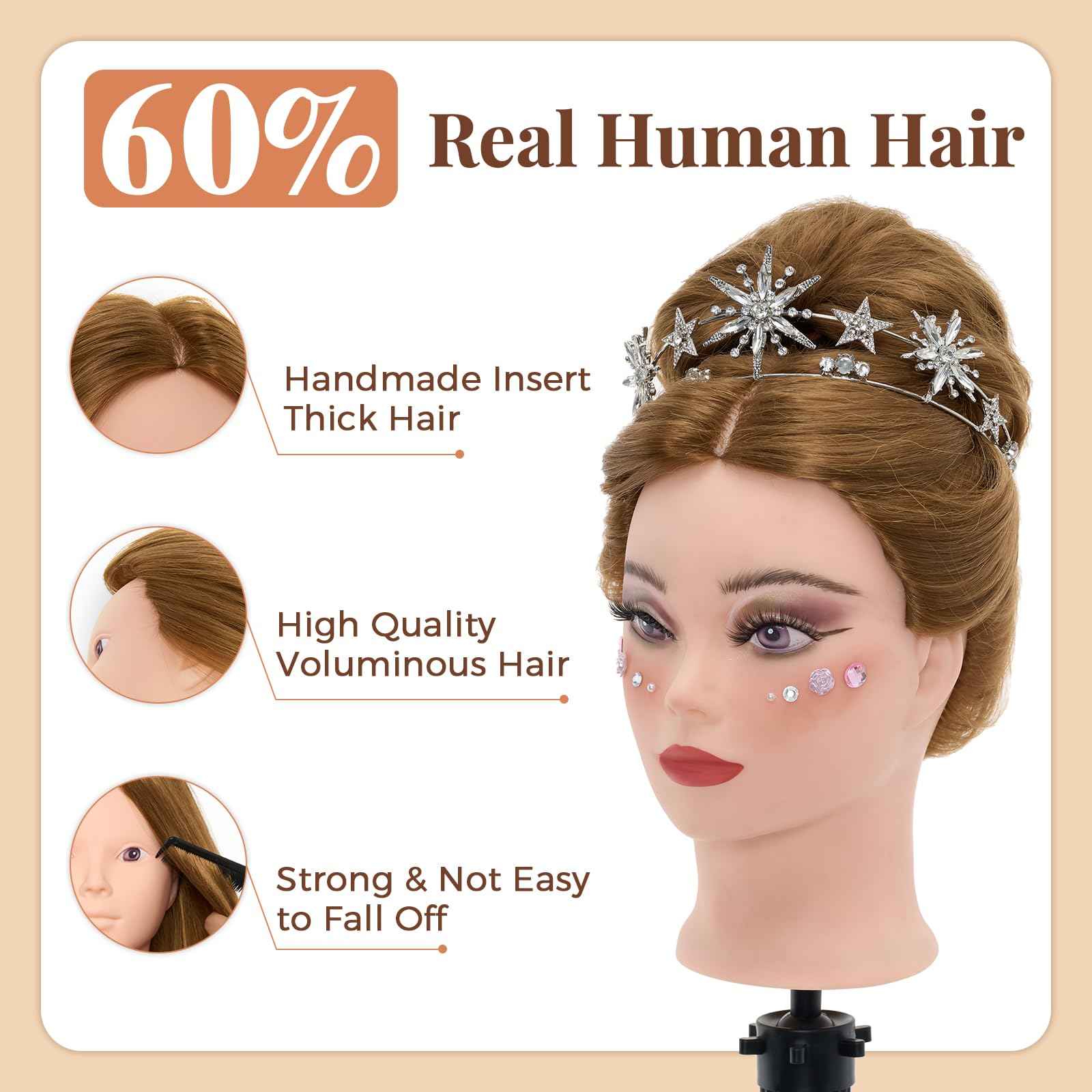 Mannequin Head with 80% Real Human Hair, 28“ Make up Cosmetology Manikin Practice Head with Hair,Braiding Hairdressing Doll Head with Table Clamp + DIY Hair Styling Set Suitable for Hair Extensions