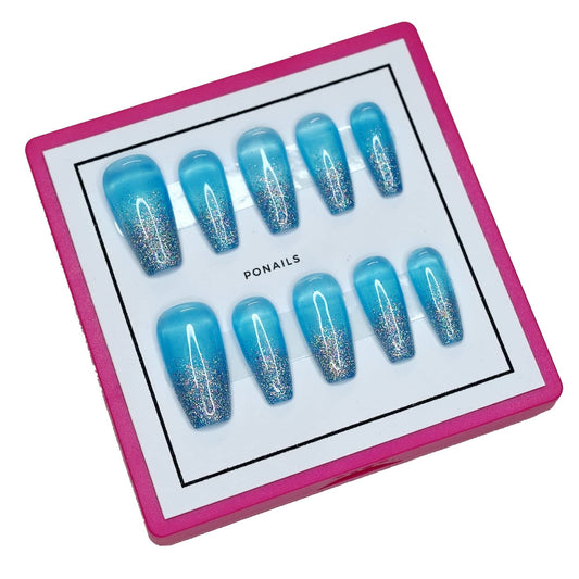 10 Pcs Handmade Press on Nails (X-Small, Holo French Blue- Jelly Blue With Holo Dust French Ombre Nails/Short Coffin) A034XS