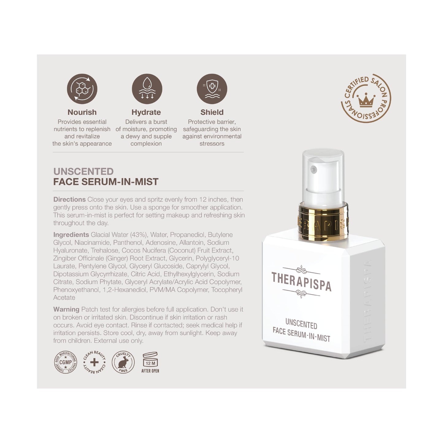 THERAPISPA Premium Face Spray Serum - Antioxidant Face Mist for Deep Hydration, Skin Brightness & Firmness, with Niacinamide (B3), Panthenol (B5), Adenosine, and Hyaluronic Acid (Unscented, 2.0 fl oz)