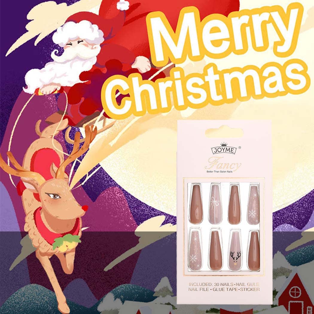 Uranian Coffin Extra Long Press on Nails Snowflake Red Christmas Fake Nails Elk Ballerina Glossy Full Cover False Nails Santa Claus Acrylic Nails Tips for Women and Girls 30 PCS (Pattern-F)