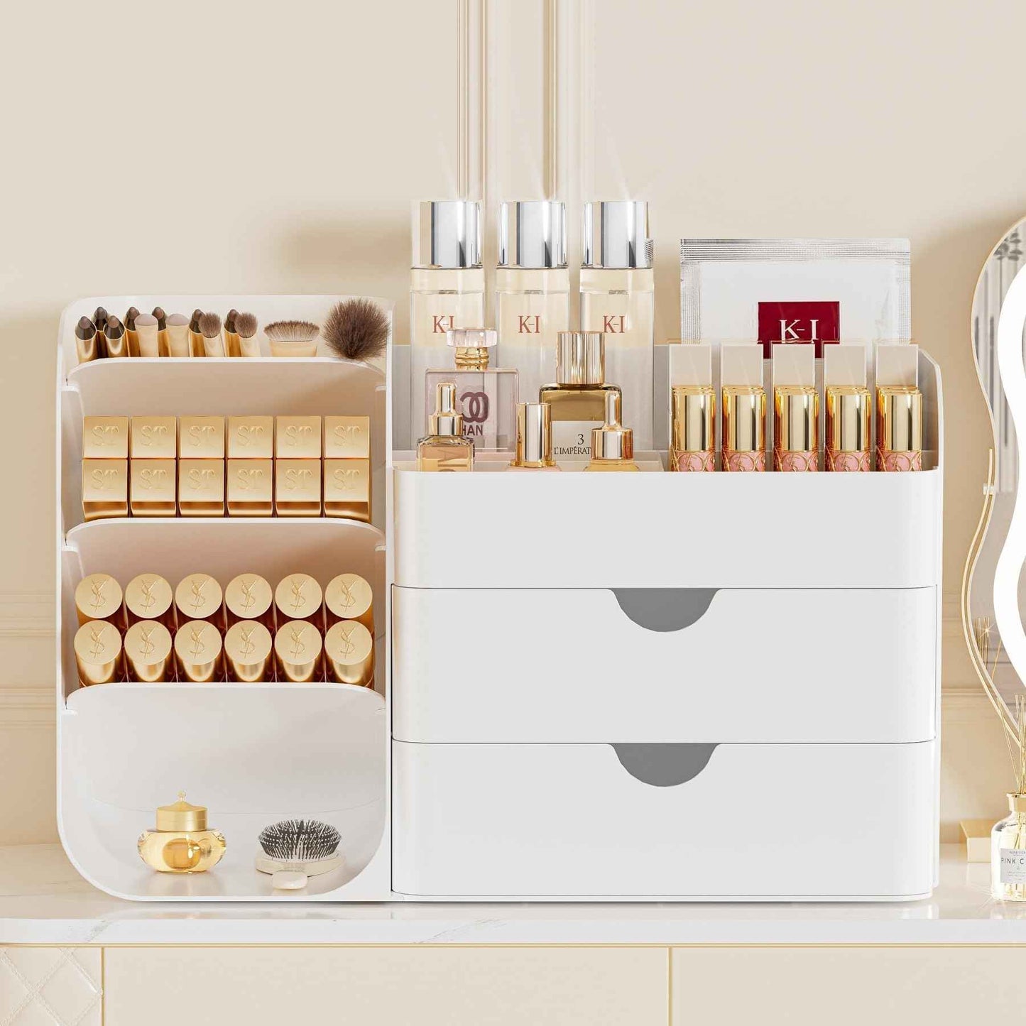 Makeup Organizer with Brush Holder for Vanity,Countertop Makeup Organizer with Drawers,Spacious Cosmetic Display Case,Perfect Storage Solution for Your Beauty Essential (All White, Large)