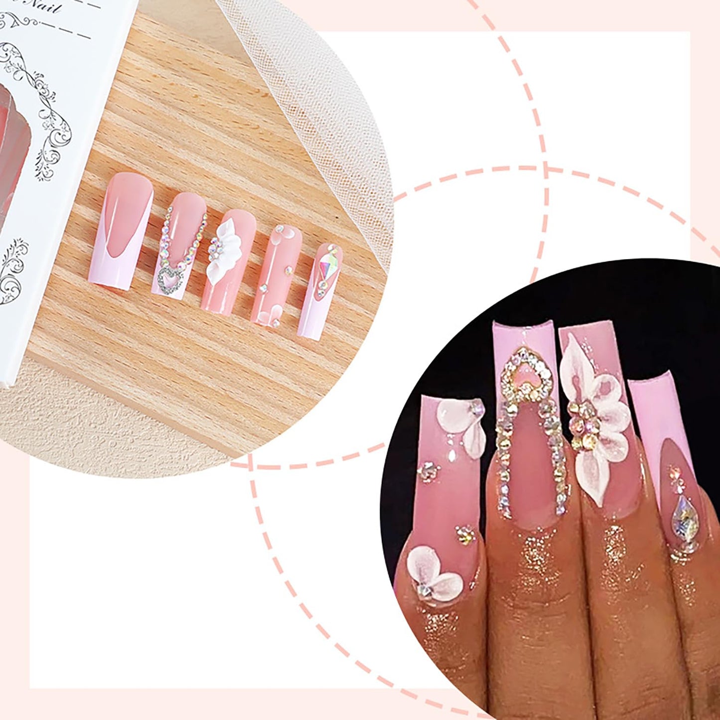 24 Pcs Long Square Press on Nails Fake Nails Pink Full Cover Stick on Nails with Floral Rhinestone Designs Glossy False Nails 3D Nail Charms French Tip Nails for Women Girls